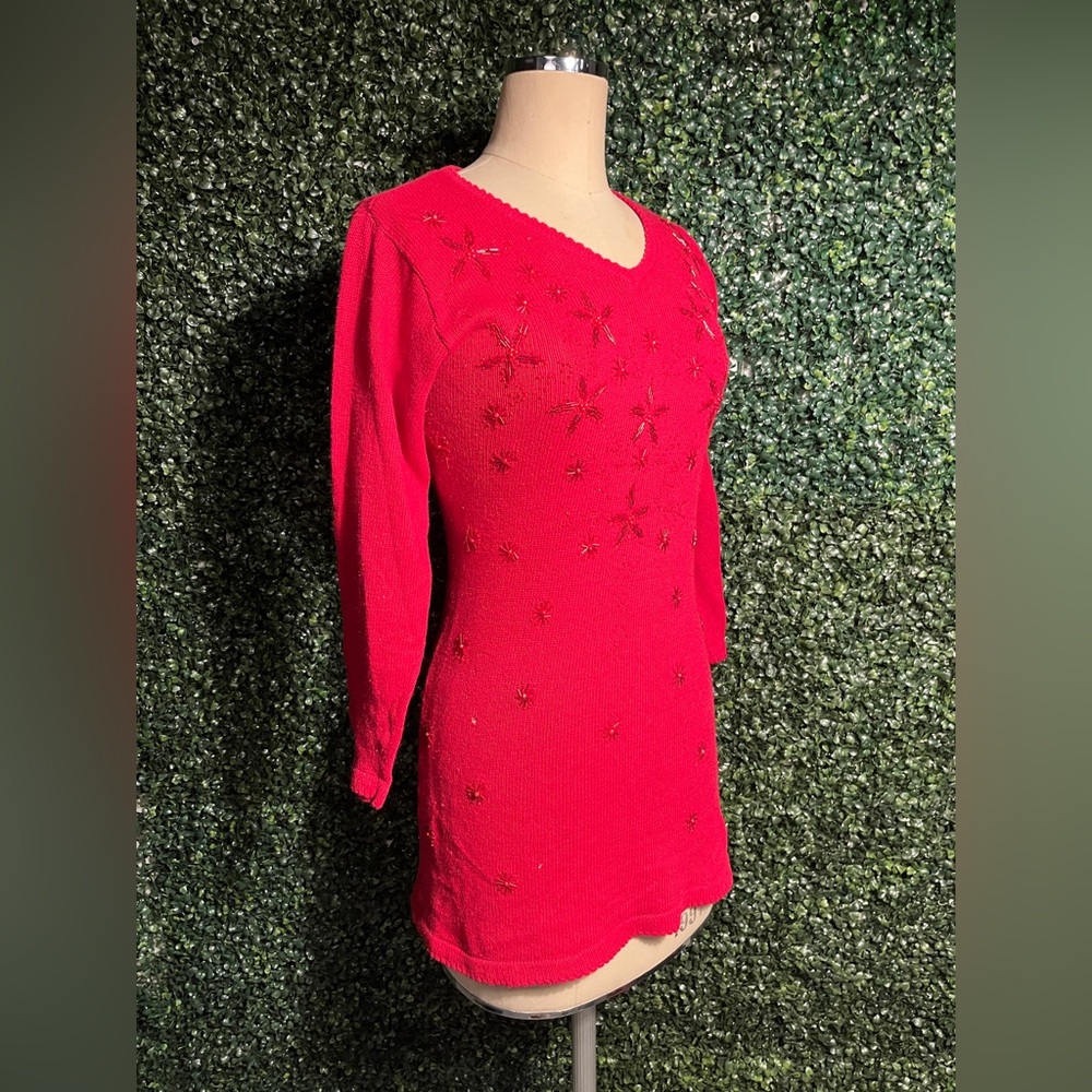 Vintage Beaded Angora Intricate Christmas Long Sleeve Sweater Dress M